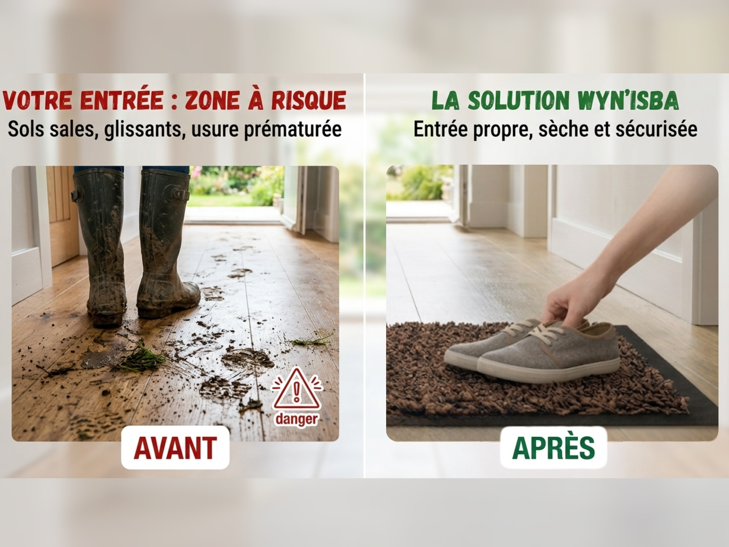 Comparaison avant après entre un tapis classique humide et un tapis absorbant Wyn’ISBA gardant une entrée propre et sèche